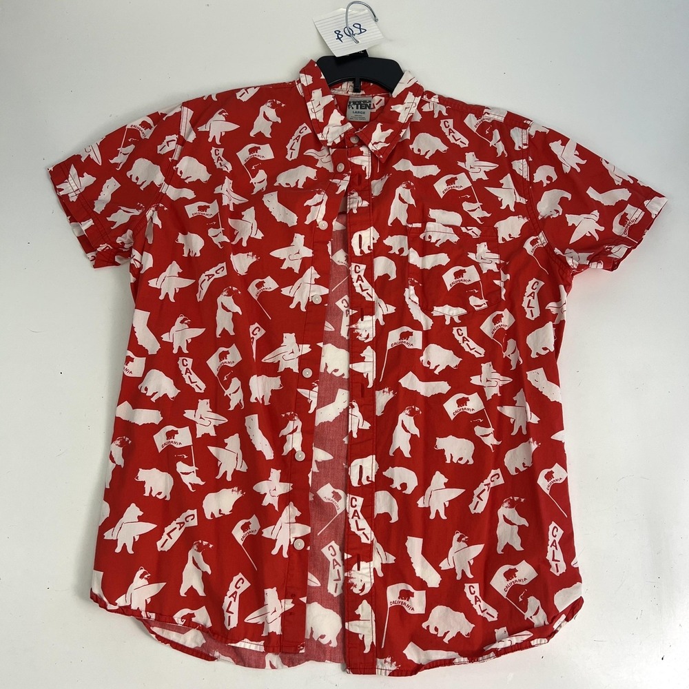 Hang‎ Ten Shirt Mens L Red California Bear Surf Print Short Sleeve Hawaiian